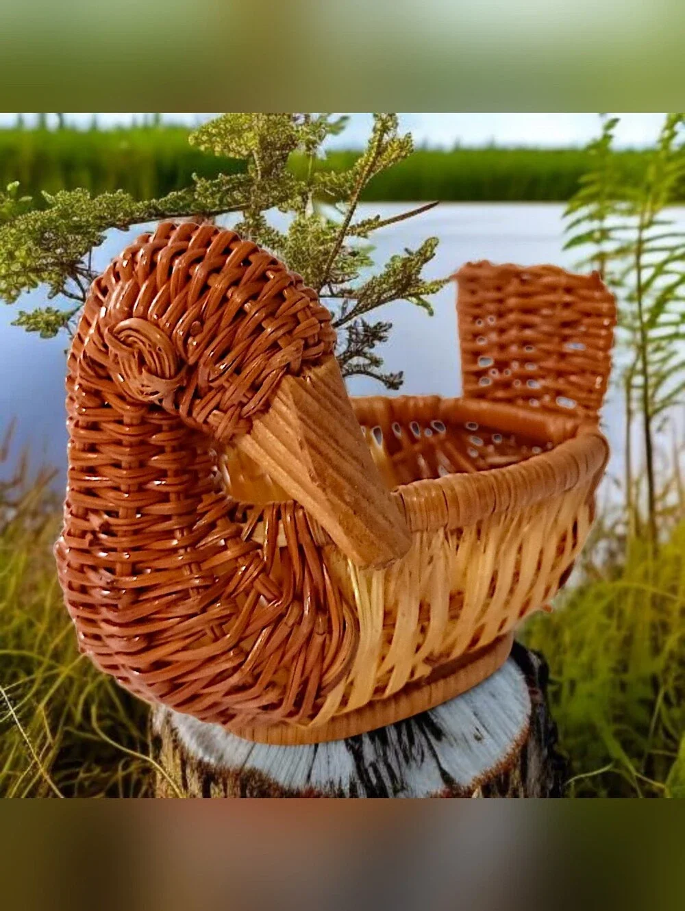 Vtg Mini Wicker Duck Goose Basket Planter Succulents Brown Figural Cottage Core
